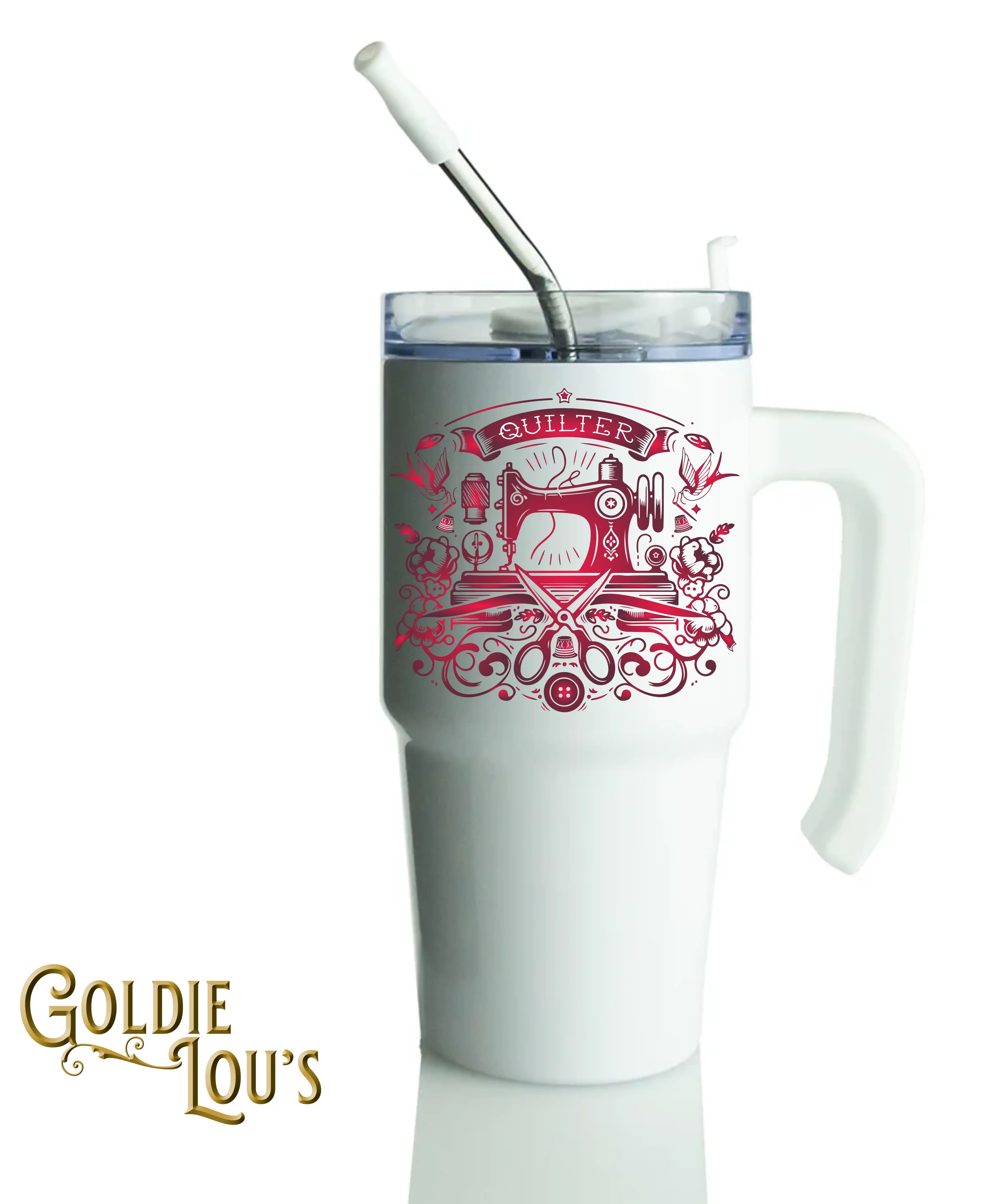 Red Tattoo Machine Quilter Grippy Handle Tumbler