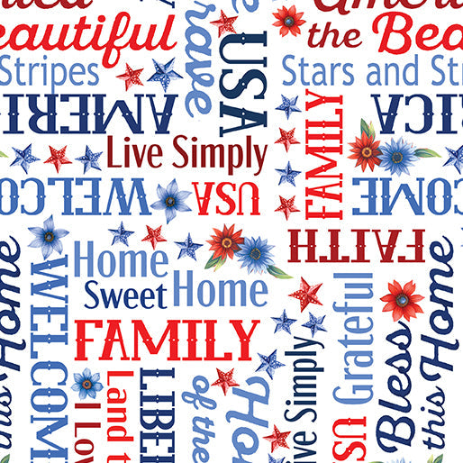 Red, White and Sweet Words White Cotton 44"/45" Fabric Per Yard