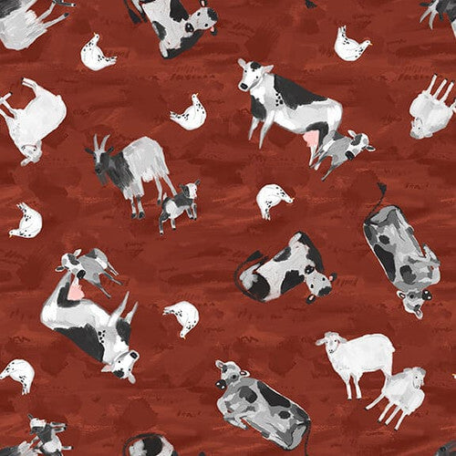 Rise with the Sun - Farm Animals - Red 44" / 45" Fabric Per Yard