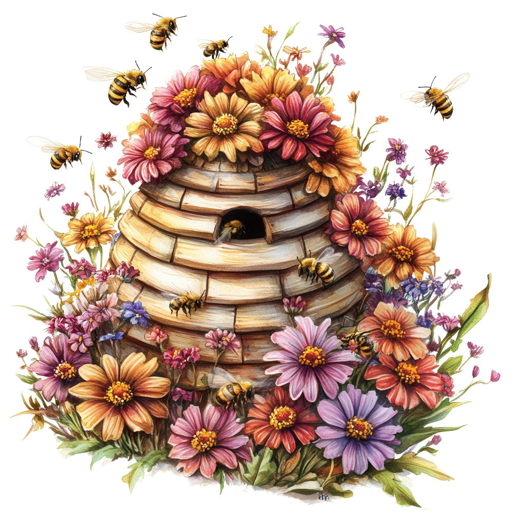 Rustic Beehive with Flowers Fabric Panel 10