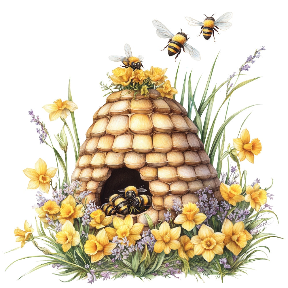 Rustic Beehive with Flowers Fabric Panel 15 QuiltingFabricPanels