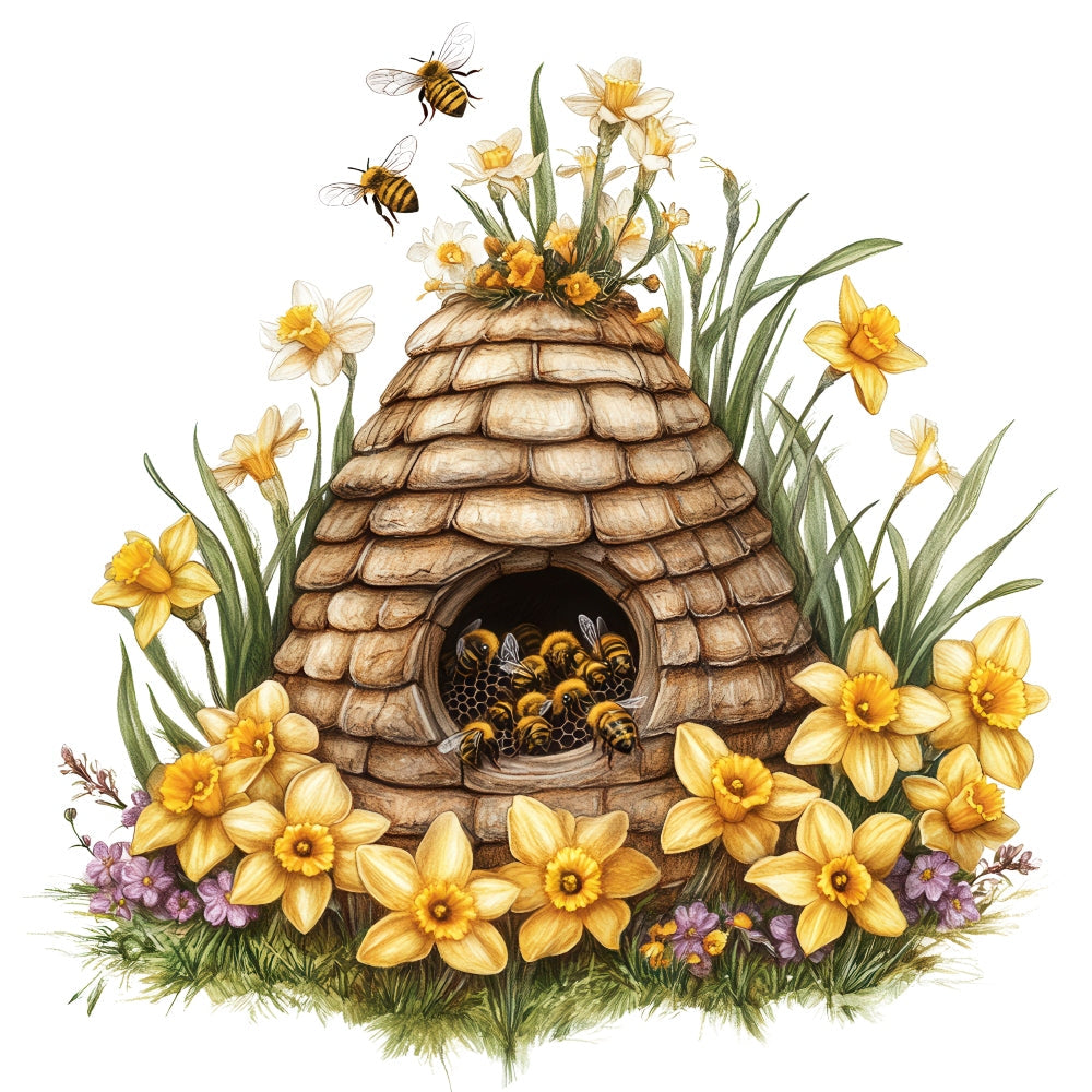 Rustic Beehive with Flowers Fabric Panel 16 QuiltingFabricPanels