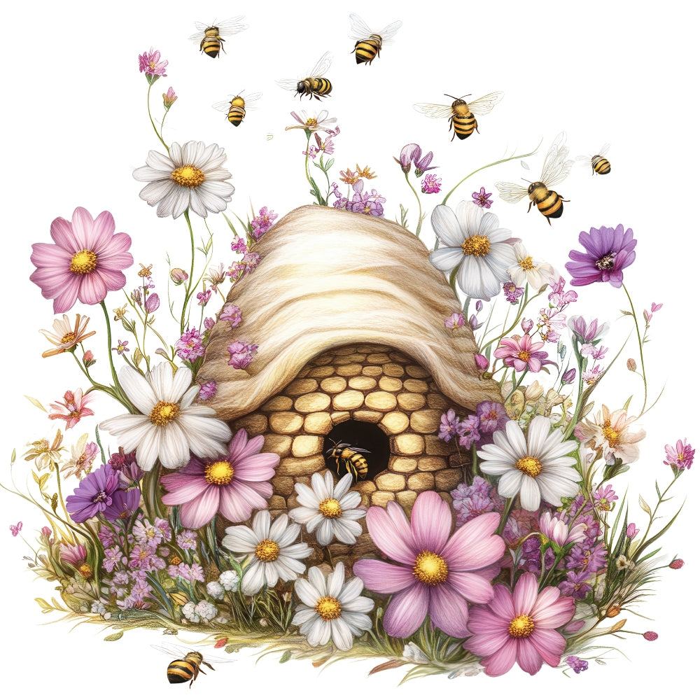 Rustic Beehive with Flowers Fabric Panel 24 QuiltingFabricPanels