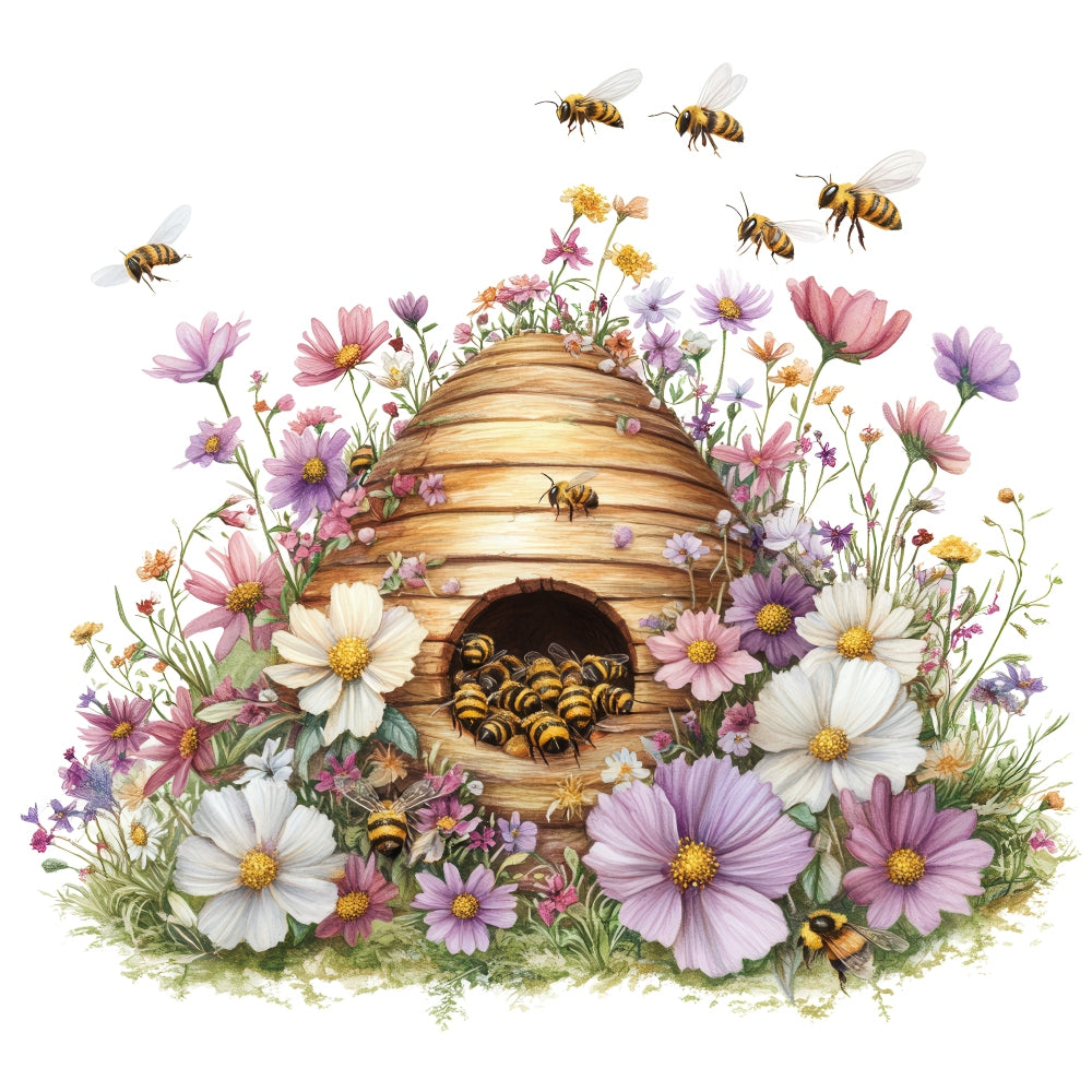 Rustic Beehive with Flowers Fabric Panel 26 QuiltingFabricPanels