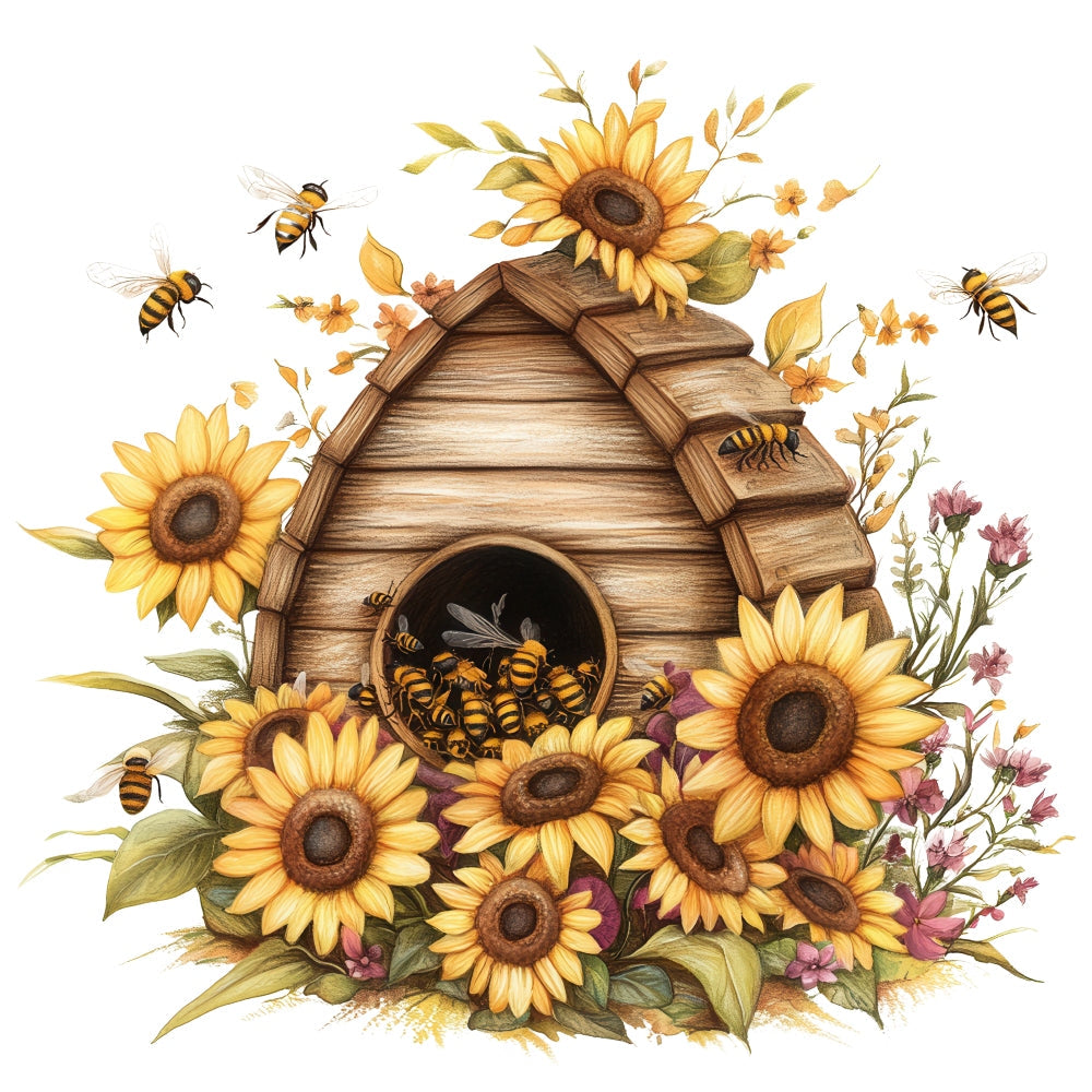 Rustic Beehive with Flowers Fabric Panel 30 QuiltingFabricPanels