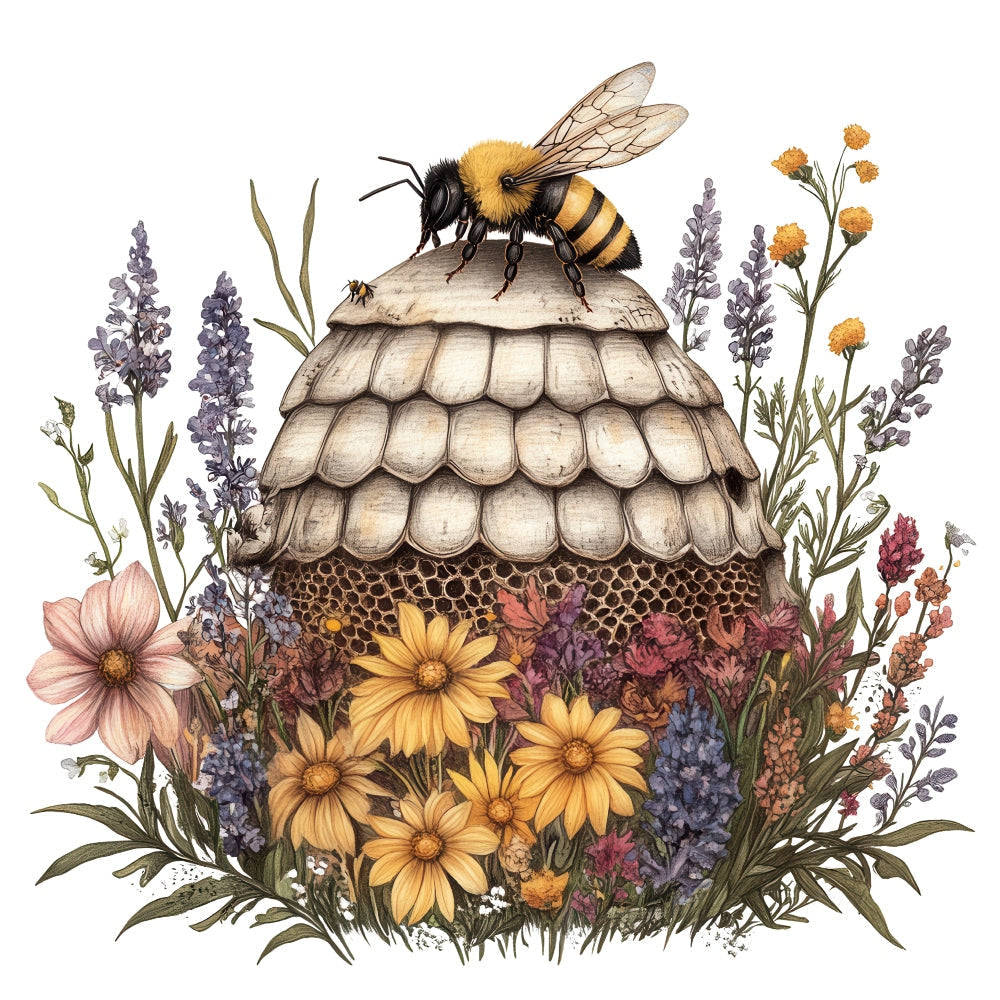 Rustic Beehive with Flowers Fabric Panel 31