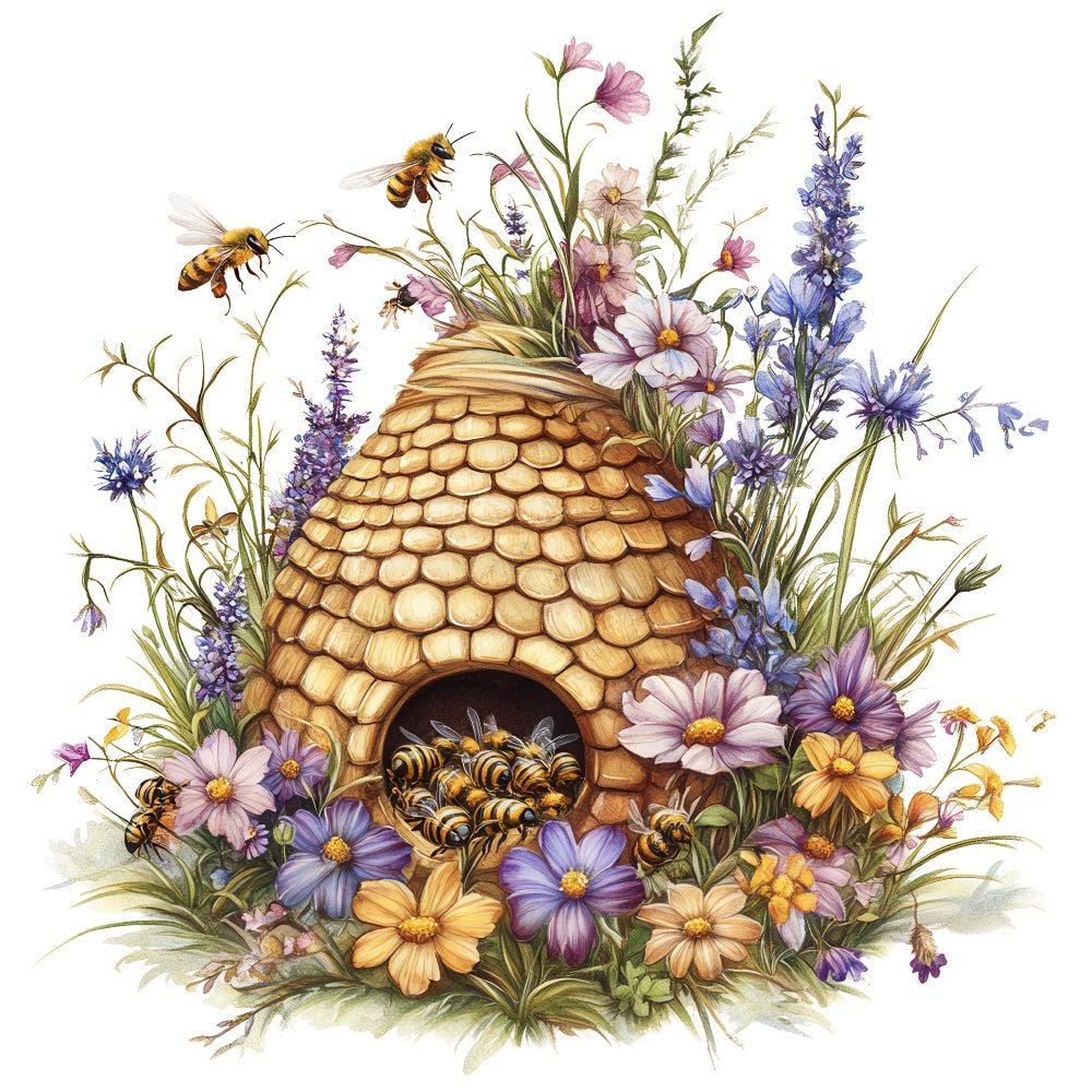 Rustic Beehive with Flowers Fabric Panel 33 QuiltingFabricPanels