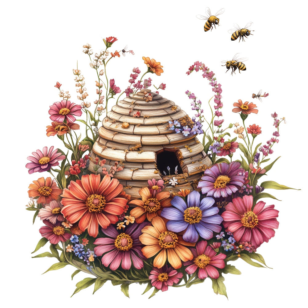 Rustic Beehive with Flowers Fabric Panel 9 QuiltingFabricPanels