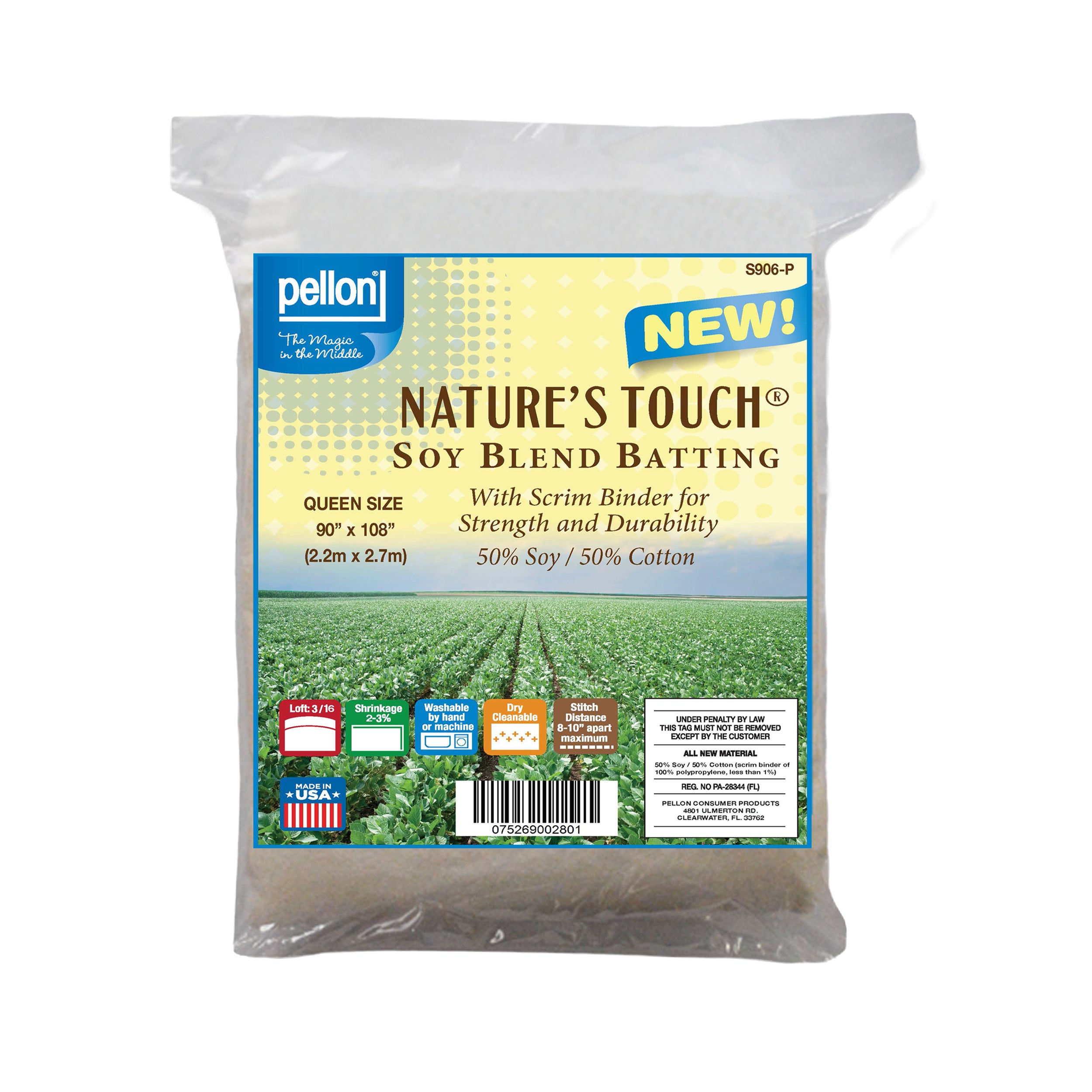 Pellon® Soy/Cotton Batting With Scrim 90" x 108" Queen Size Package. Color: Natural.