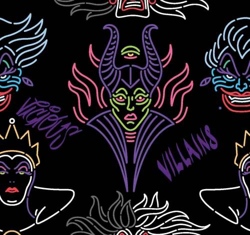 Disney Villain Neon Outlines on Black Cotton 43"/44" Fabric Per Yard
