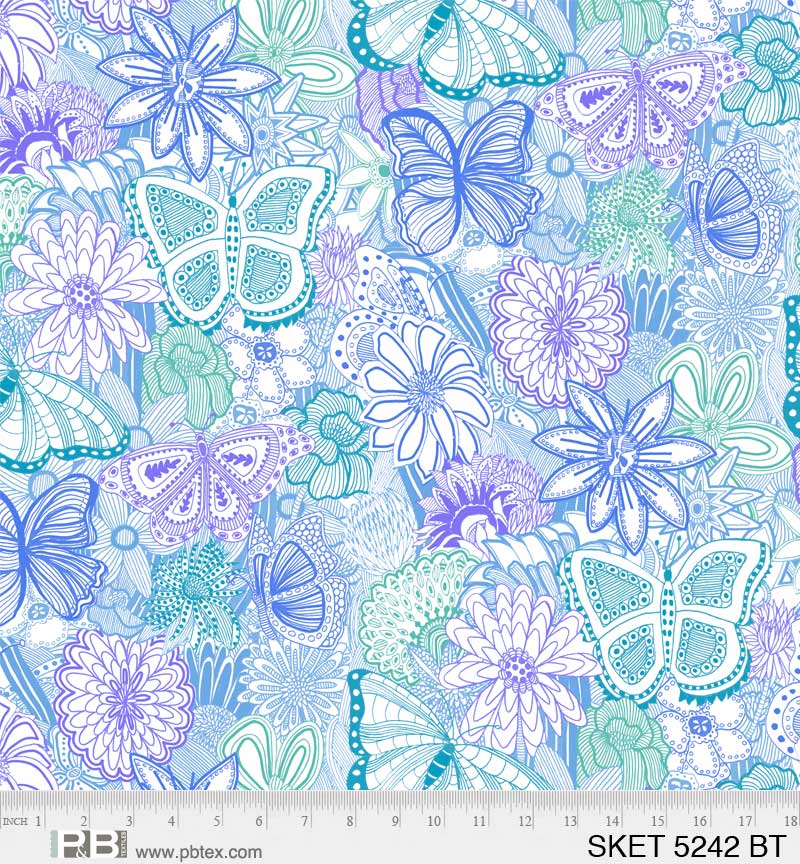 Blue Purple Sketchbook Cotton Wideback Fabric per yard - Linda's Electric Quilters