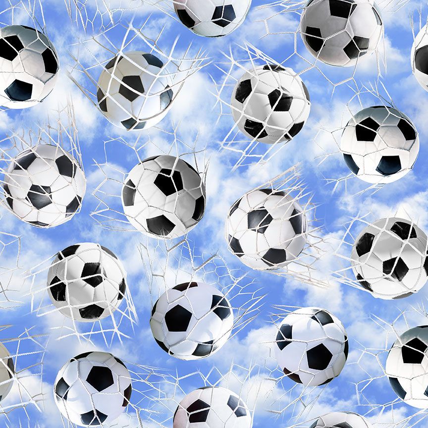 Blue Soccer Balls in Nets Fitness Fanatic 44"/45" Fabric Per Yard