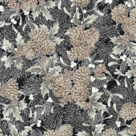 Robert Kaufman Holiday Flourish pinecones shadow with metallic