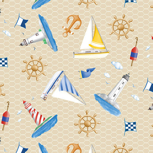 Sail Away - Lighthouses & Sailboats - Ecru 44" / 45" Fabric Per Yard