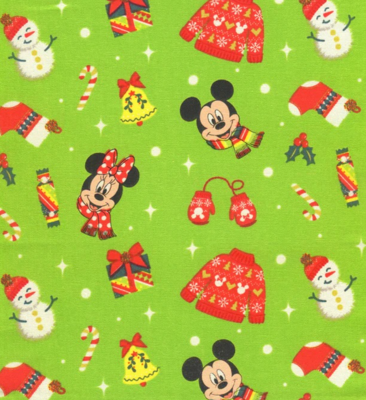 Mickey Mouse Christmas Icons Green Cotton 43"/44" Fabric Per Yard