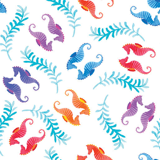 Seahorses White Cotton 44"/45" Fabric Per Yard