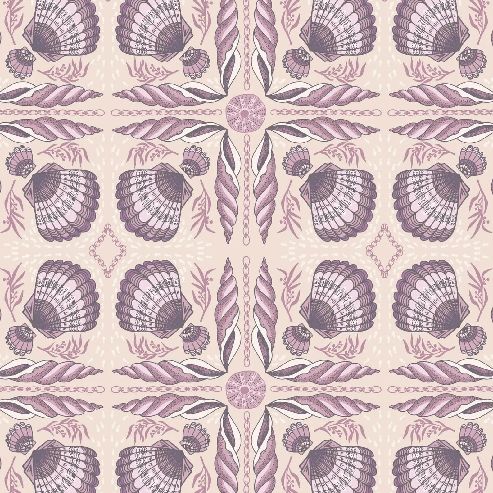 Seashell Serenade Shell Tile quilting fabric in beige by Jayme Murray for Cloud9 Fabrics, seashell print on GOTS organic cotton, sold by the yard