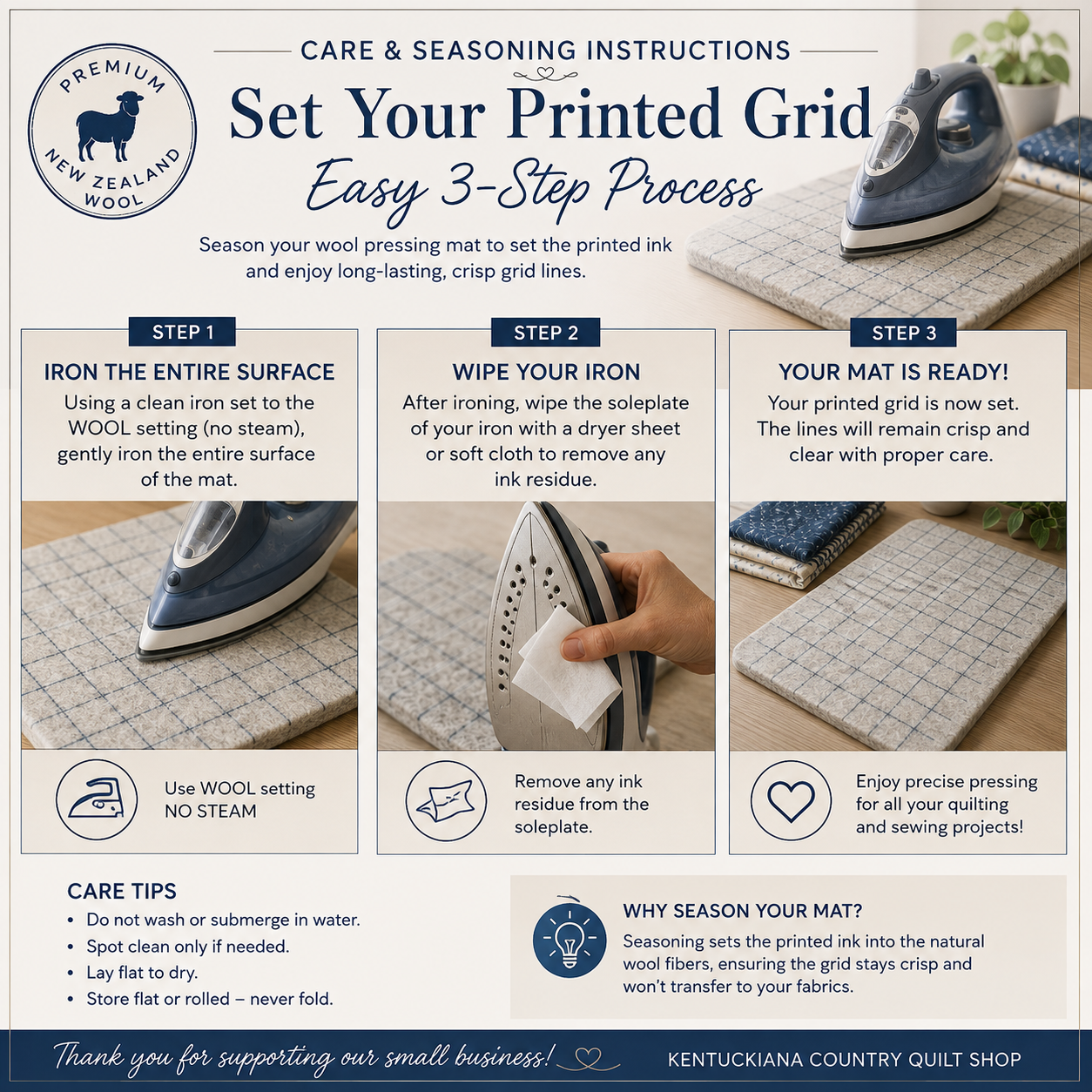 17x24 New Zealand Wool Pressing Mat - Grid Printed