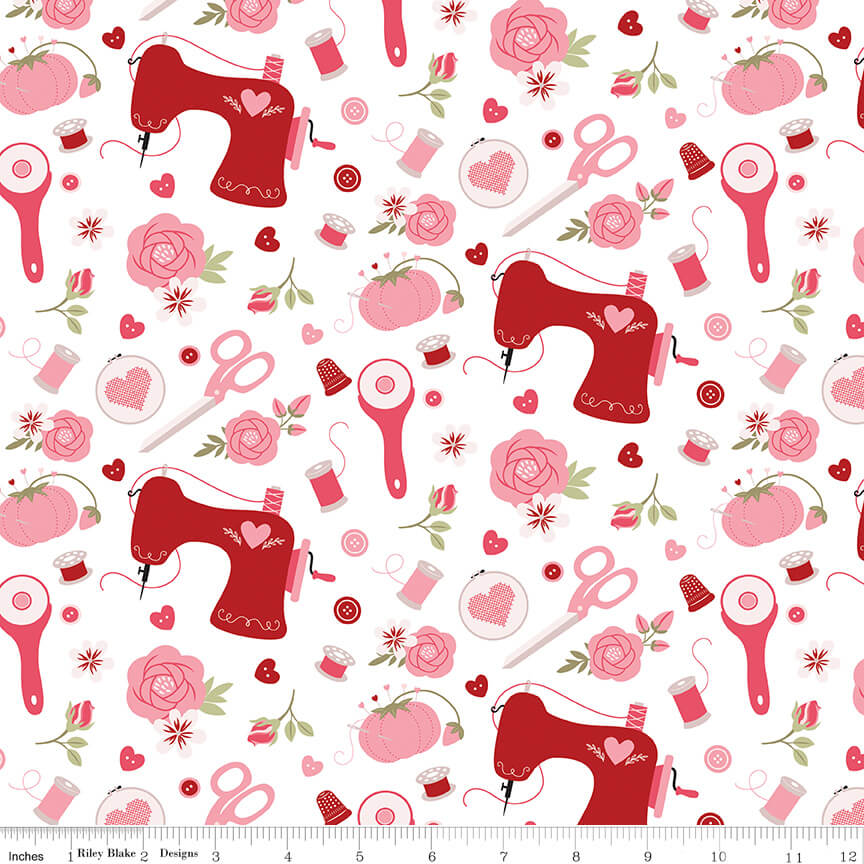 Sew in Love Sewing quilting fabric in rose by Dani Mogstad for Riley Blake Designs, sewing notions print on rose cotton, sold by the yard