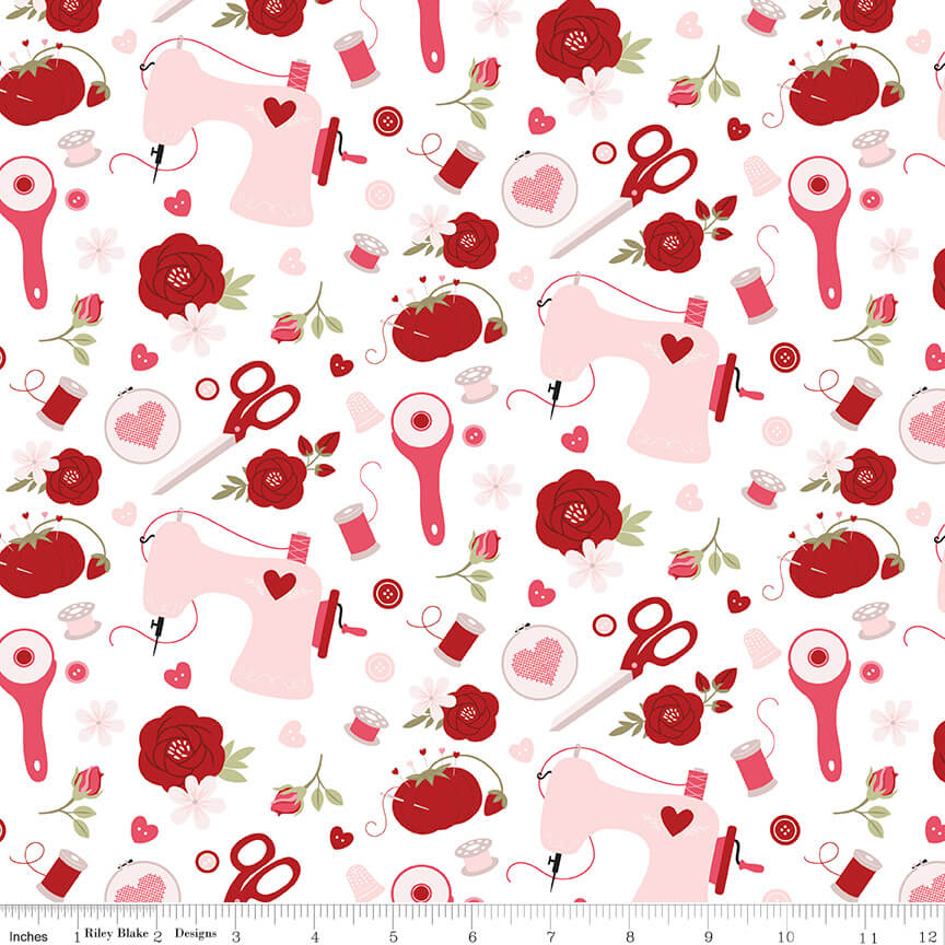 Sew in Love Sewing quilting fabric in white by Dani Mogstad for Riley Blake Designs, sewing notion print on white cotton, sold by the yard