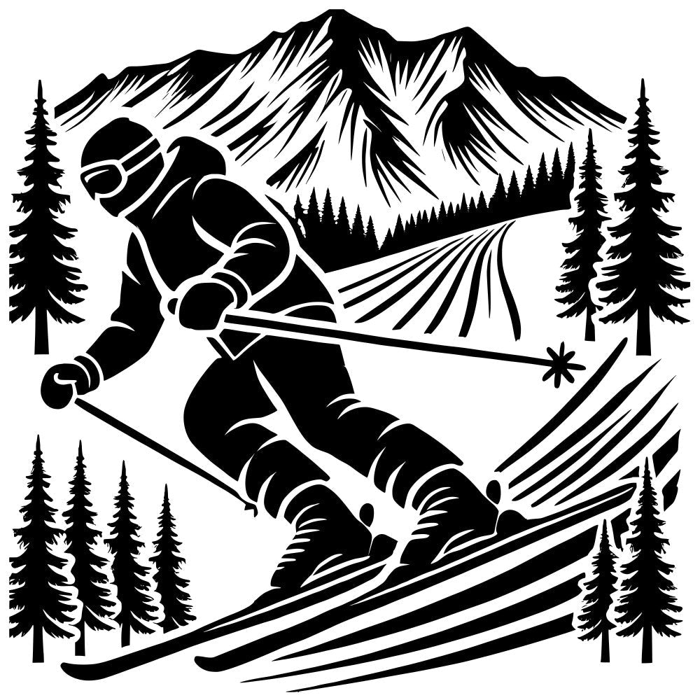 Skiing Mountain Silhouette Fabric Panel 1