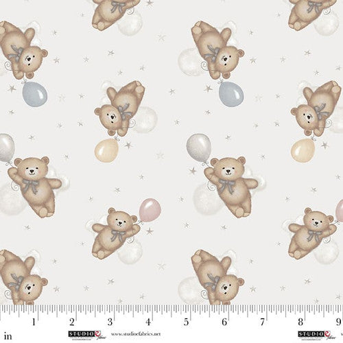 Sleepy Teddy Gray/Multi Flying Teddy Bears Cotton 44"/45" Fabric Per Yard