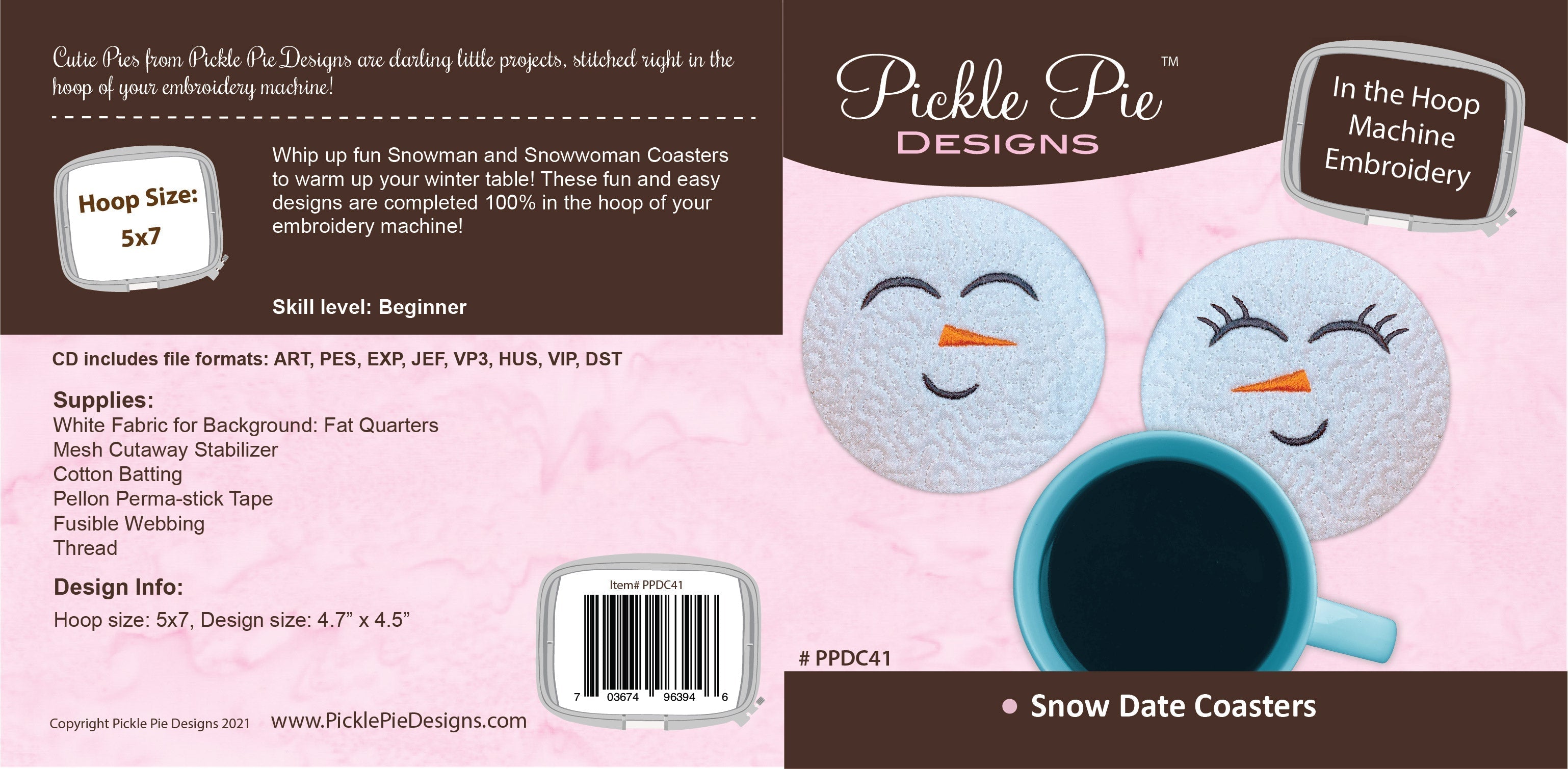 Snow Date Coasters In the Hoop Embroidery Design Collection