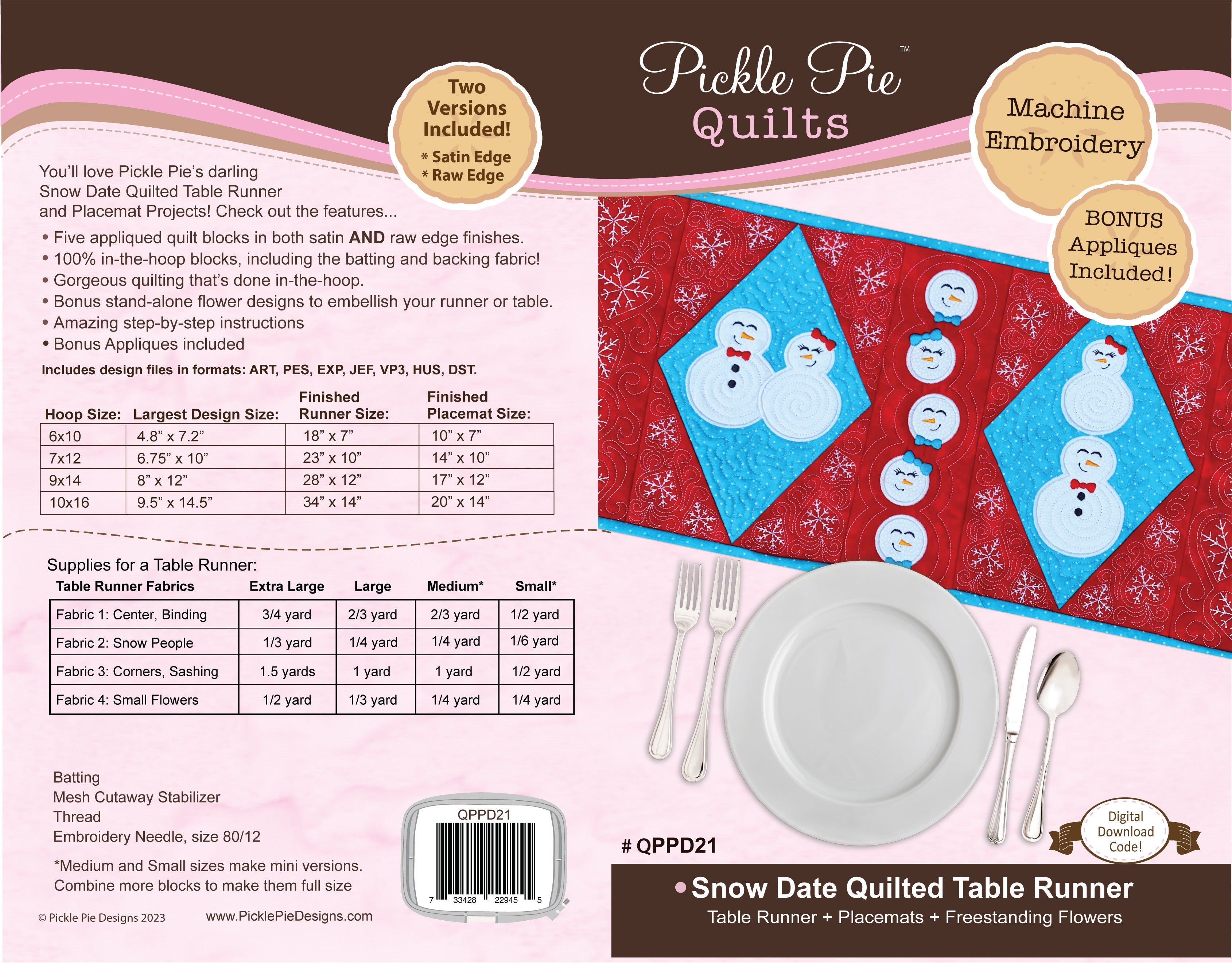 Snow Date Quilt Table Runner In the Hoop Machine Embroidery Design Set