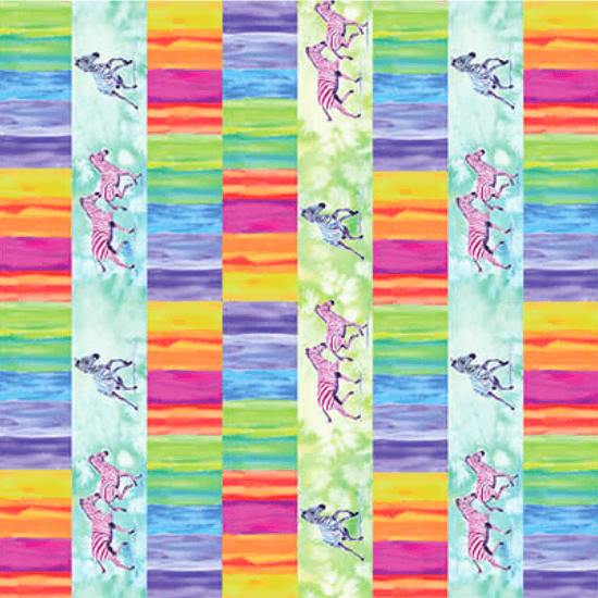 Starlight Safari Zebra Colorplay Stripe quilting fabric by Lorraine Turner for Benartex, zebra stripe print on multicolor cotton, sold by the yard