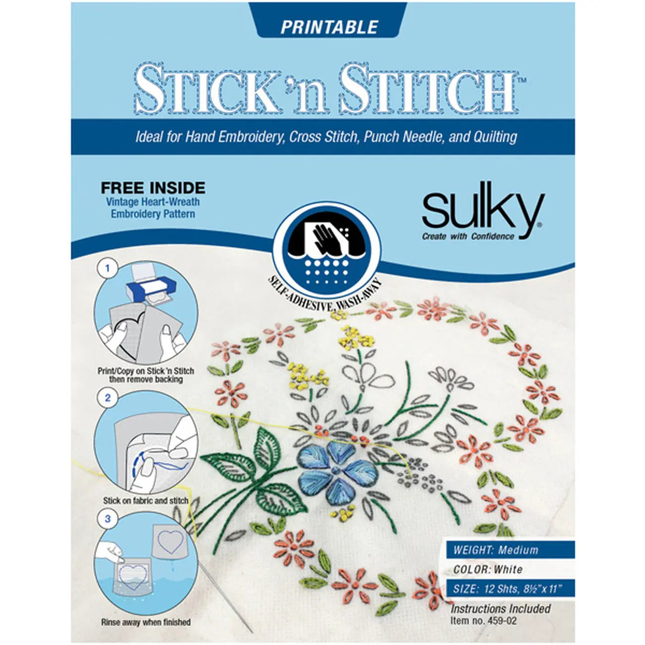 Stick N Stitch Self Adhesive Wash Away Stabilizer Twelve sheets  of 8-1/2 x 11