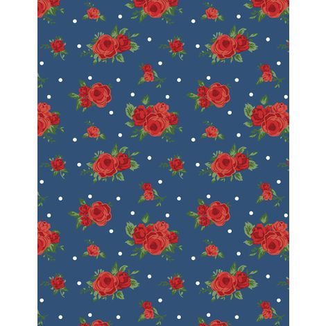 Summertime Daydream - Red Roses - Navy 44" / 45" Fabric Per Yard