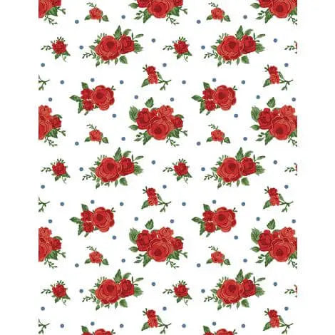 Summertime Daydream - Red Roses - White 44" / 45" Fabric Per Yard The Fabric Company