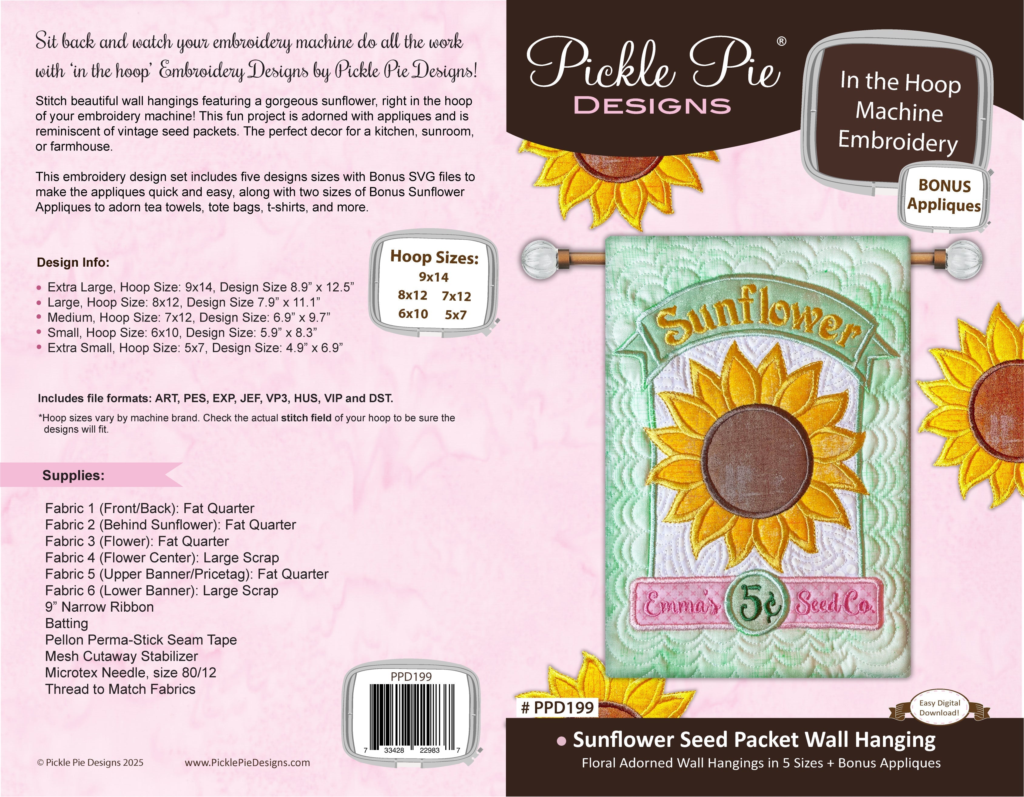 Sunflower Seed Packets Wall Hanging In the Hoop Embroidery Design
