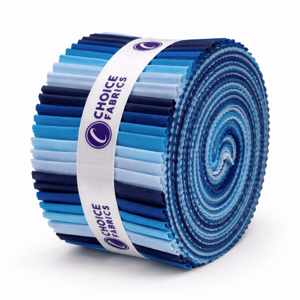 Supreme Solids 2.5 inch strip roll Shades of Blue by Choice Fabrics, 40 cotton strips in coordinated blue hues