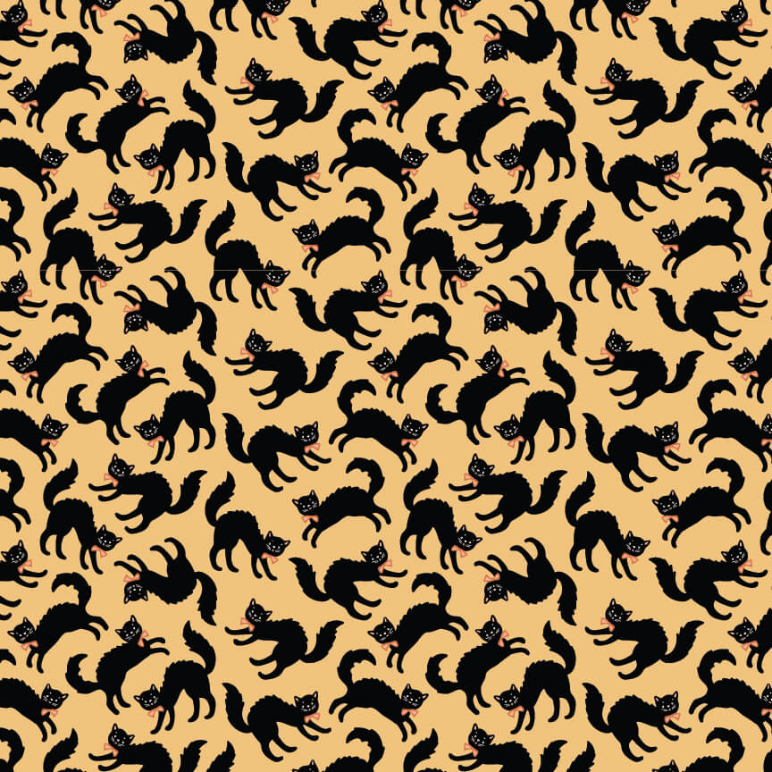 Sweet Tooth Scaredy Cat quilting fabric in yellow by Elea Lutz for Poppie Cotton, Halloween cat print on yellow cotton, sold by the yard