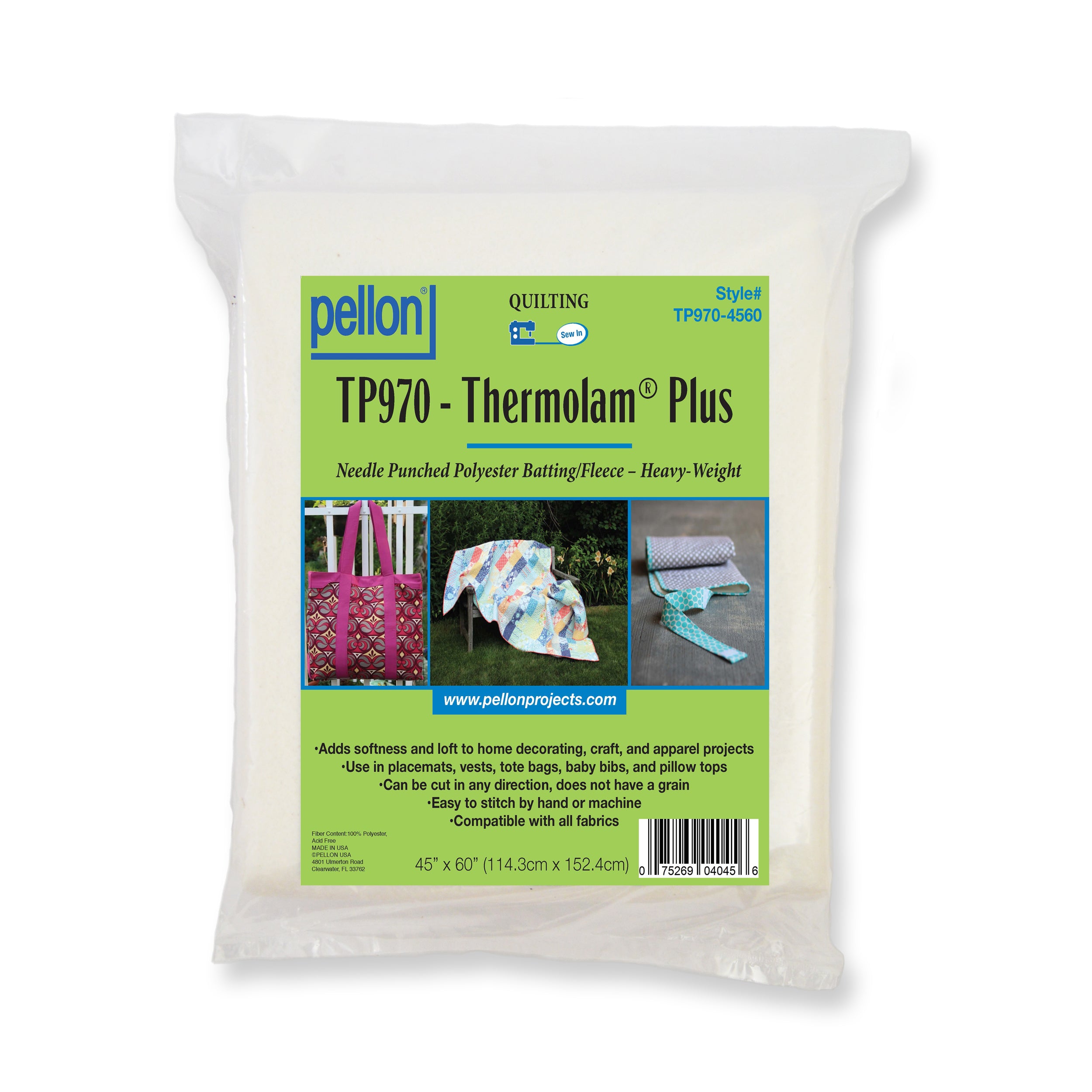 Pellon® TP970 Thermolam® Plus Sew-In Fleece 45" x 60" Package. Color: White.