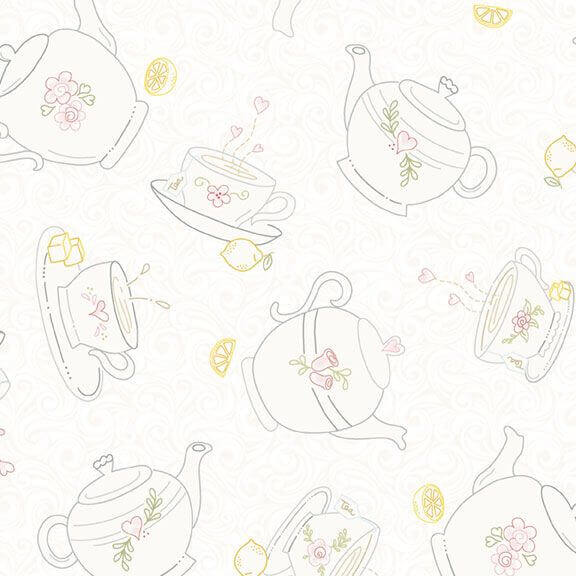 Tea for Two Tea Time quilting fabric in cream by Cindy Staub for Marcus Fabrics, teacup print on cream cotton, sold by the yard