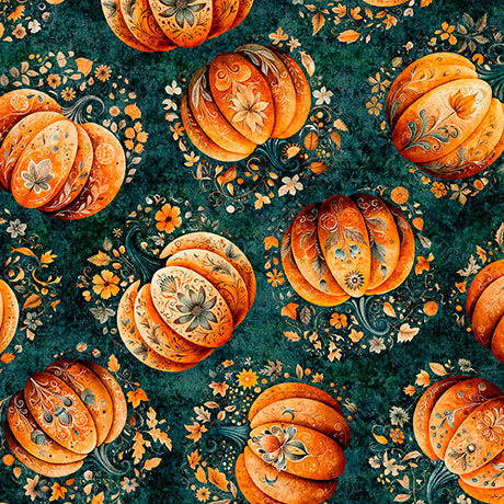 Teal Tossed Pumpkins Harvest Hollow 44"/45" Cotton Fabric per yard