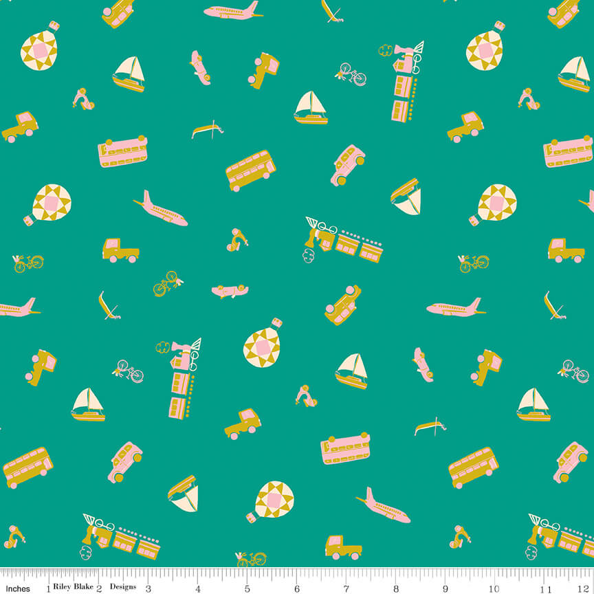 The Genesis of a Journey - Modes of Travel - Teal 44"/45" Fabric Per Yard