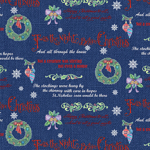 The Night Before Christmas Christmas Story quilting fabric in navy by Benartex, holiday storybook print on navy cotton, sold by the yard