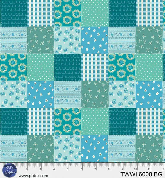 Things With Wings Blue Green Squares 44"/45" Fabric Per Yard P&B Textiles