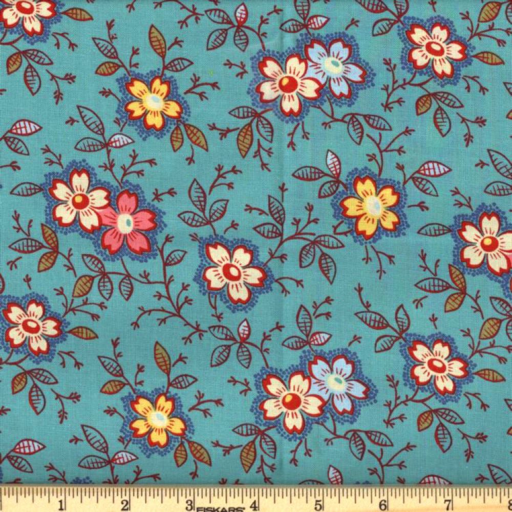Turquoise Happy Floral 45" Wide Cotton Fabric Per Yard