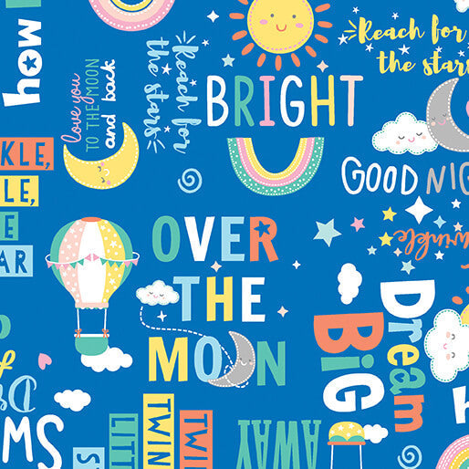 Twinkle Comfort Flannel Twinkle Words cotton flannel fabric in royal blue by Benartex, word print flannel, sold by the yard