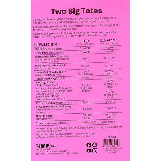 Two Big Totes - Bag Pattern Quilting Treasures Fabric