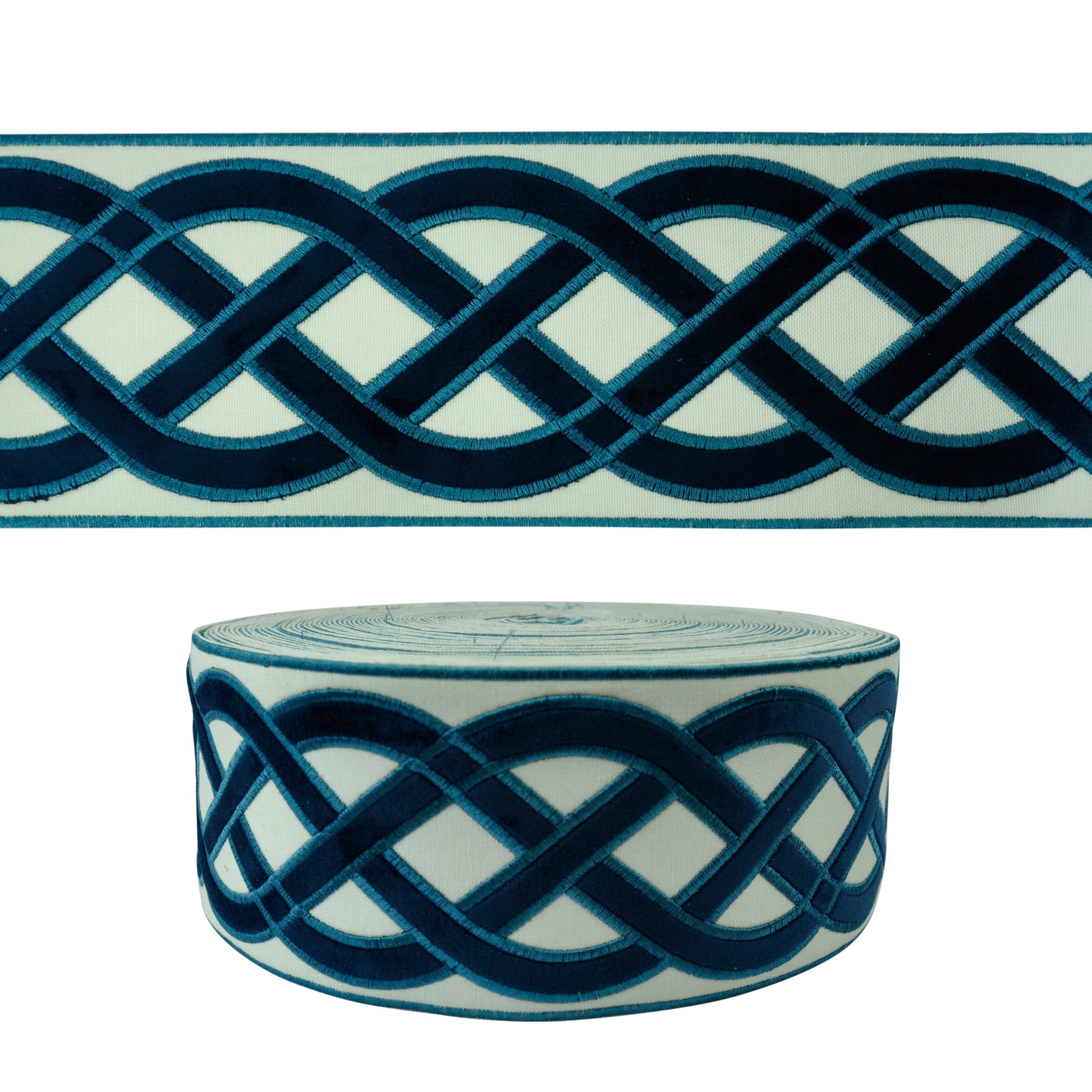 Velvet Embossed Decorative Trim Tape - 3 3/4" Width (25 Yard Roll) - BR-7526-05 Navy Blue/Beige