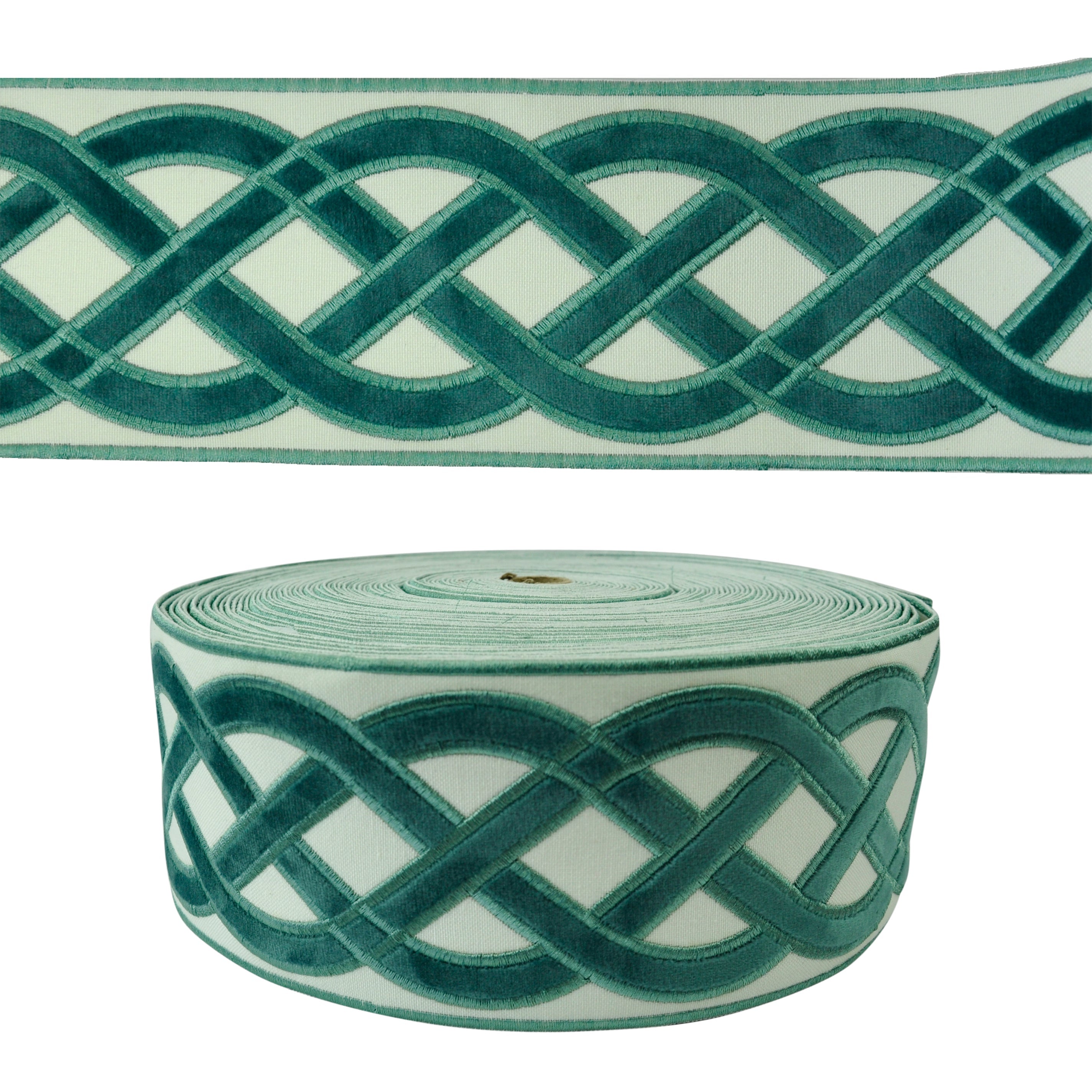 Velvet Embossed Decorative Trim Tape - 3 3/4" Width (25 Yard Roll) - BR-7526-33 Turquoise/Beige