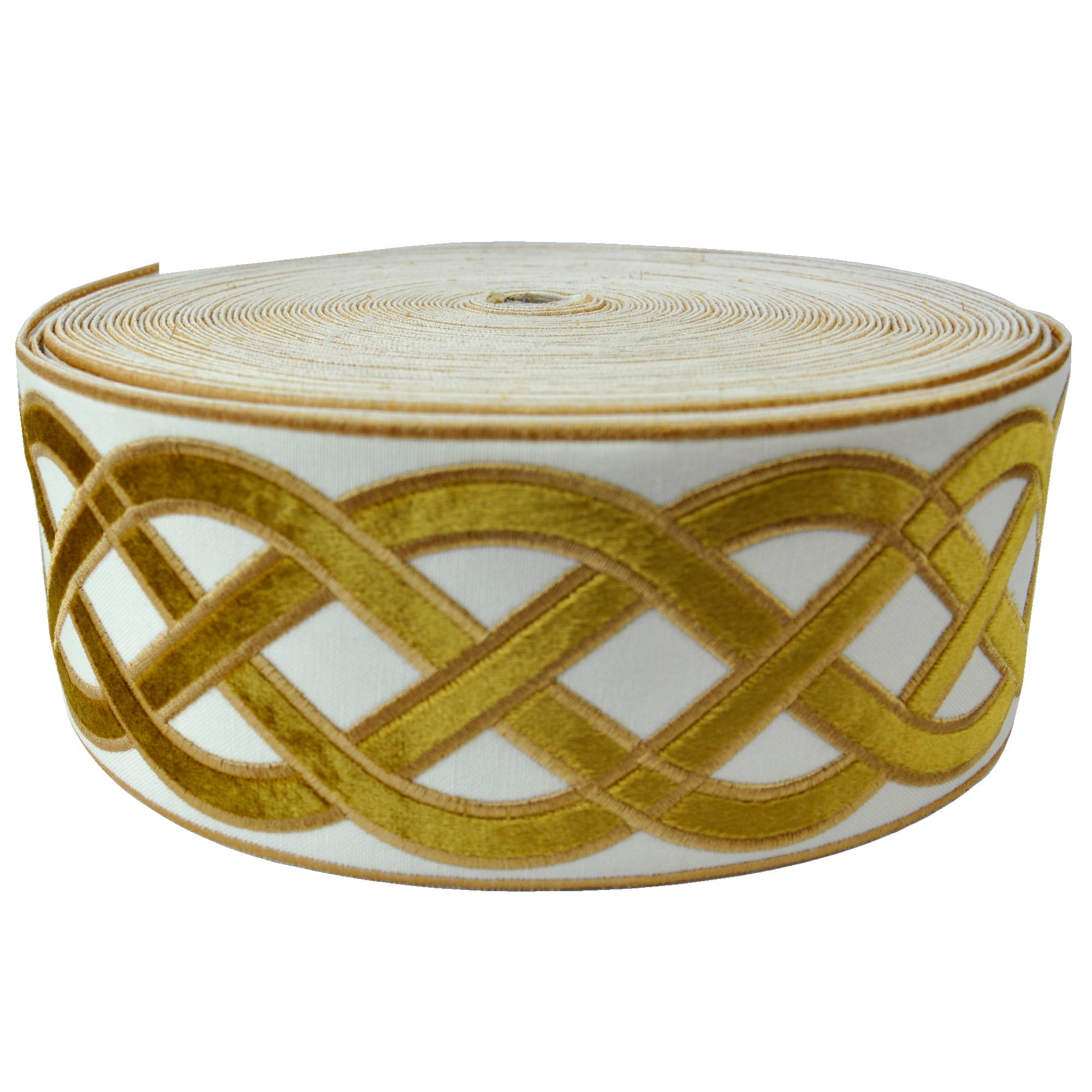 Velvet Embossed Decorative Trim Tape - 3 3/4" Width (25 Yard Roll) - BR-7526-38 Gold/Beige