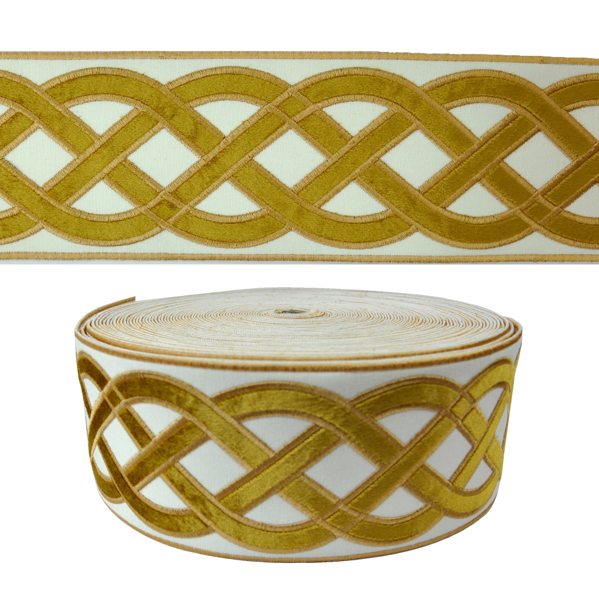 Velvet Embossed Decorative Trim Tape - 3 3/4" Width (25 Yard Roll) - BR-7526-38 Gold/Beige