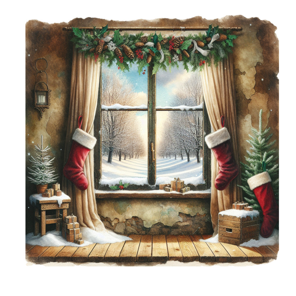 Vintage Christmas Window Fabric Panel 2