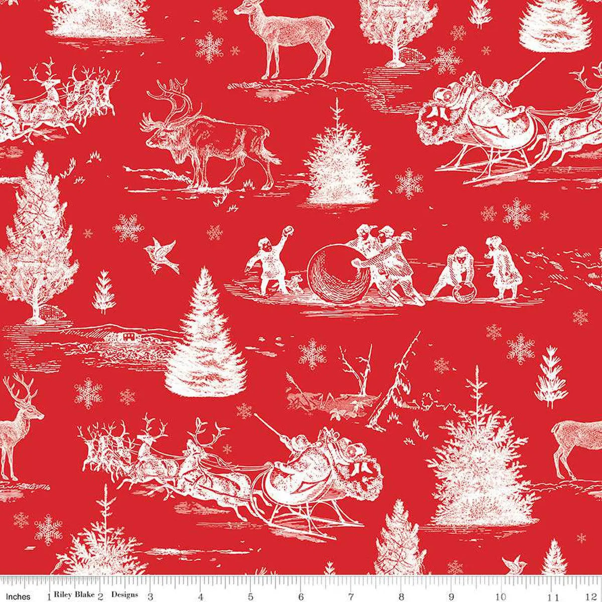 Red White Peace on Earth Christmas Scene Wideback Fabric per yard